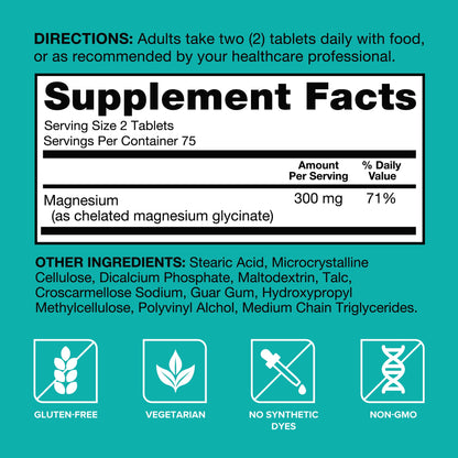 Qunol Magnesium Glycinate 300mg, 100% Glycinate Chelated Magnesium Supplement, 150ct Tablets