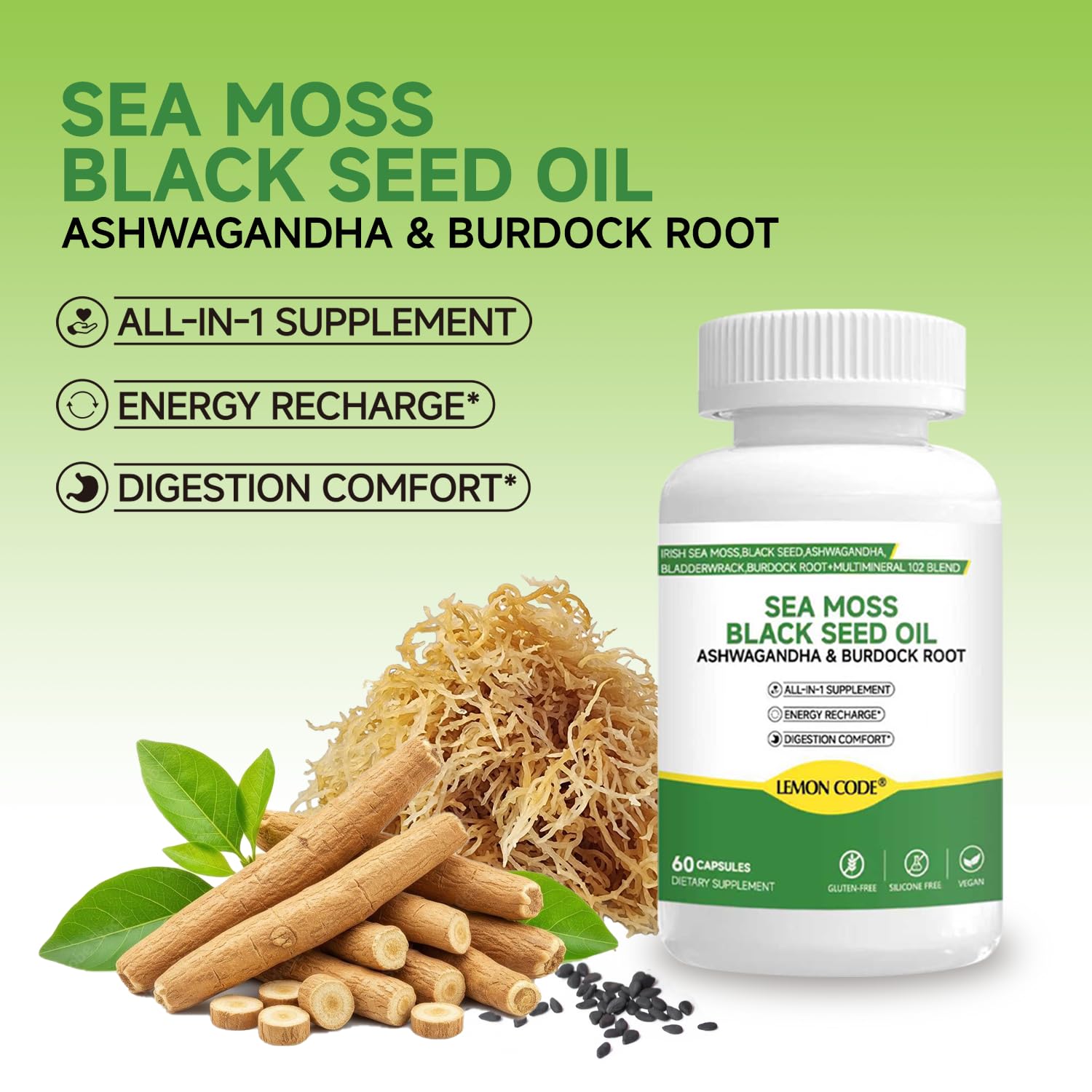 LEMON CODE Sea Moss & Black Seed Oil Capsules with Burdock & Bladderwrack & Ashwagandha, Vitamin C&D,Natural Herbal Complex for Daily Balance, Energy & Digestive Support, Vegan, Non-GMO, 60 Capsules LEMON CODEBuy Supplements Australia