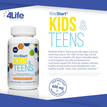 4Life RiteStart Kids and Teens- Apple, Orange Flavors, 22 Essential Vitamins, Minerals, Immune System and Brain Support Ages 2+ - 120 Chewable Tablets 4LifeBuy Supplements Australia