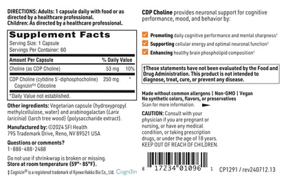 Klaire Labs SFI Health CDP Choline 250mg - Soy-Free Choline Supplements - Cognizin Citicoline to Help Support Memory, Focus & Attention - Bioavailable Active Form, Hypoallergenic (60 Capsules) SFI HealthBuy Supplements Australia