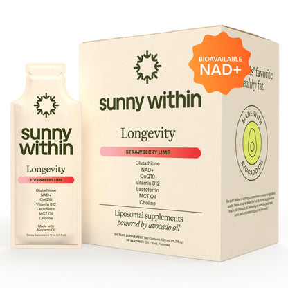 Sunny Within - Liposomal Glutathione Supplement NAD+ Longevity Mix w/Liquid NAD+, CoQ10, B12, MCT & Avocado Oil – Cellular Health, Energy, Brain, Gut & Heart Support* – Strawberry Lime – 30 Pouches Sunny WithinBuy Supplements Australia