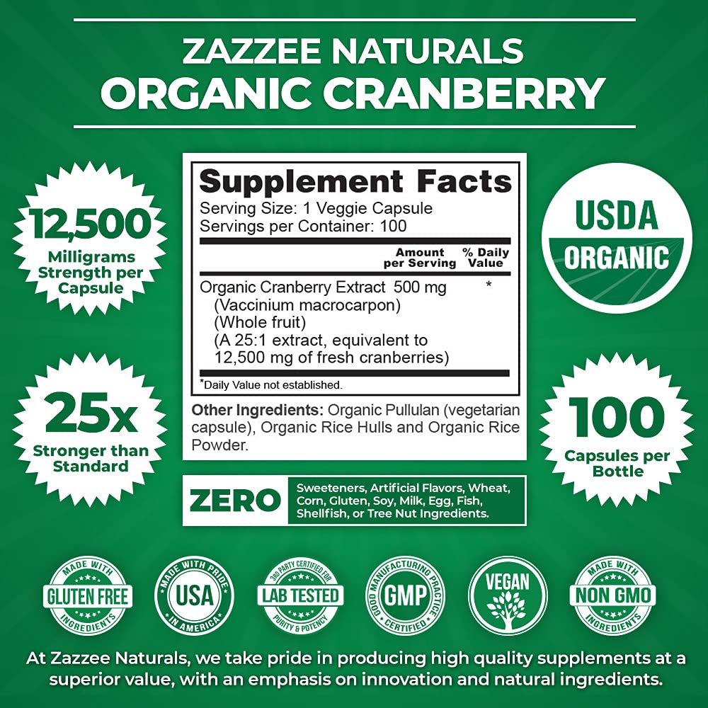 Zazzee USDA Organic Cranberry 25:1 Extract, 12,500 mg Strength, 100 Vegan Capsules ZazzeeBuy Supplements Australia