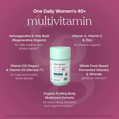 True Grace One Daily Women’s Multivitamin 40+ Fermented Minerals, Organic Adaptogens & Mushrooms Energy, Immune, Bone Support True Grace