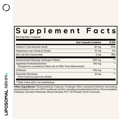 Codeage Liposomal NRHM+ Supplement - NRH Hydrogen Malate 300 mg, Resveratrol, D-Ribose & Quercetin - Vitamin C, Magnesium & Zinc - Liposomal Delivery - Non-GMO - 60 Capsules CodeageBuy Supplements Australia