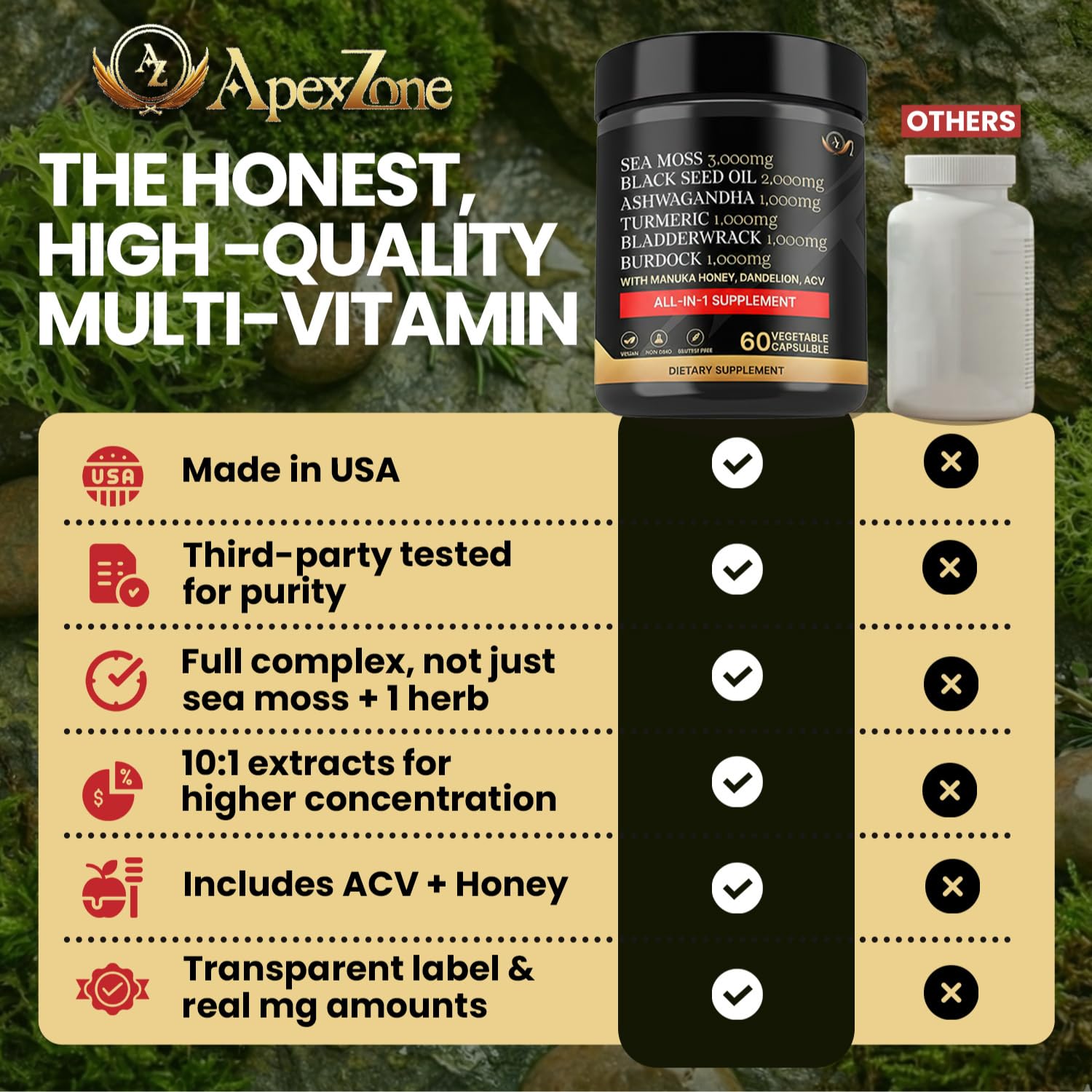 AZ ApexZone True Sea Moss Capsules Black Seed Oil Ashwagandha Burdock Root, Tumeric Supplement with Manuka Honey, Dandelion Root ACV - 60 Capsules - Multi Vitamin AZ ApexZoneBuy Supplements Australia