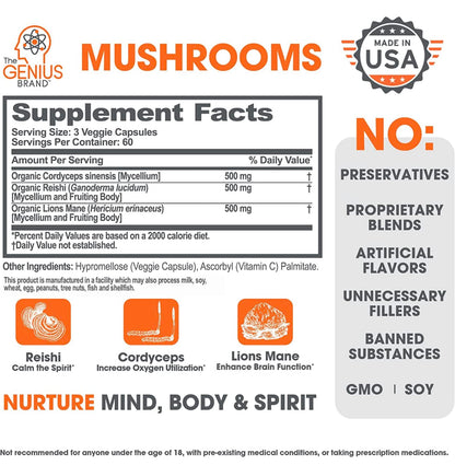 The Genius Brand - Lions Mane, Cordyceps and Reishi- Genius Mushroom The Genius BrandBuy Supplements Australia
