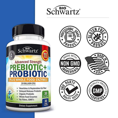 Probiotic & Prebiotic Digestive Health Capsules - 30ct, Gluten & Dairy Free, Non-GMO BioSchwartzBuy Supplements Australia