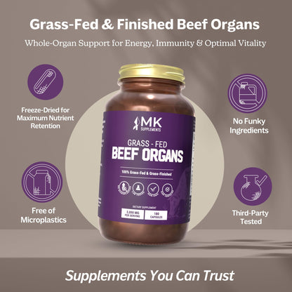 MK Supplements Grass-Fed Beef Organs Capsules | 5 Organs in Nature-Identical Ratios | B12, Copper & Heme Iron | Regeneratively Raised | 150 Capsules MK SupplementsBuy Supplements Australia