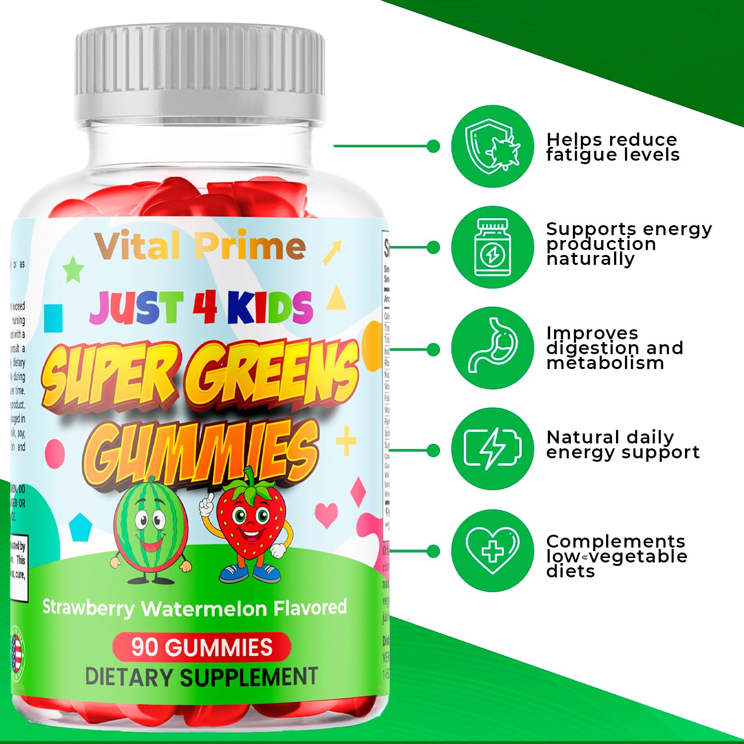 FourRoar Vital Prime Super Green Gummies for Kids 90 Count Strawberry & Watermelon Flavor | Fruit and Vegetable Gummies | Vegan Veggies Gummy Multivitamin for Kids FourRoarBuy Supplements Australia