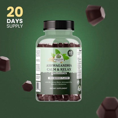 Ashwagandha Calm & Relax Gummies with Vitamin B6, Lemon Balm, GABA & L-Glutamine – 60 Gummies – Red Berries Flavor – Improve Sleep, Stress Relief & Mood – Vegan, Gluten-Free, Non-GMO Amazing BotanicalsBuy Supplements Australia