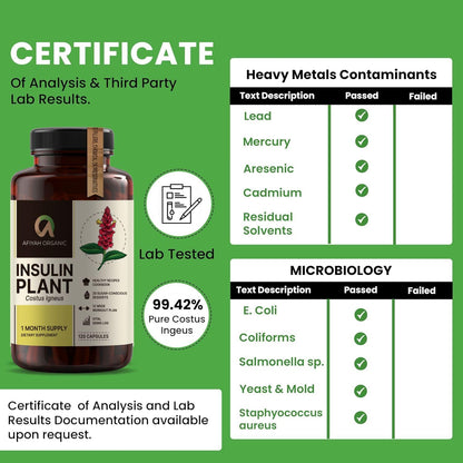 Afiyah Organic - Premium Quality Costus Igneus (Insulin Plant) Capsules - Easy to Swallow 120 Veggie Capsules (1 Month Supply) - Made in the USA - Including Complete Health Support Program Afiyah OrganicBuy Supplements Australia