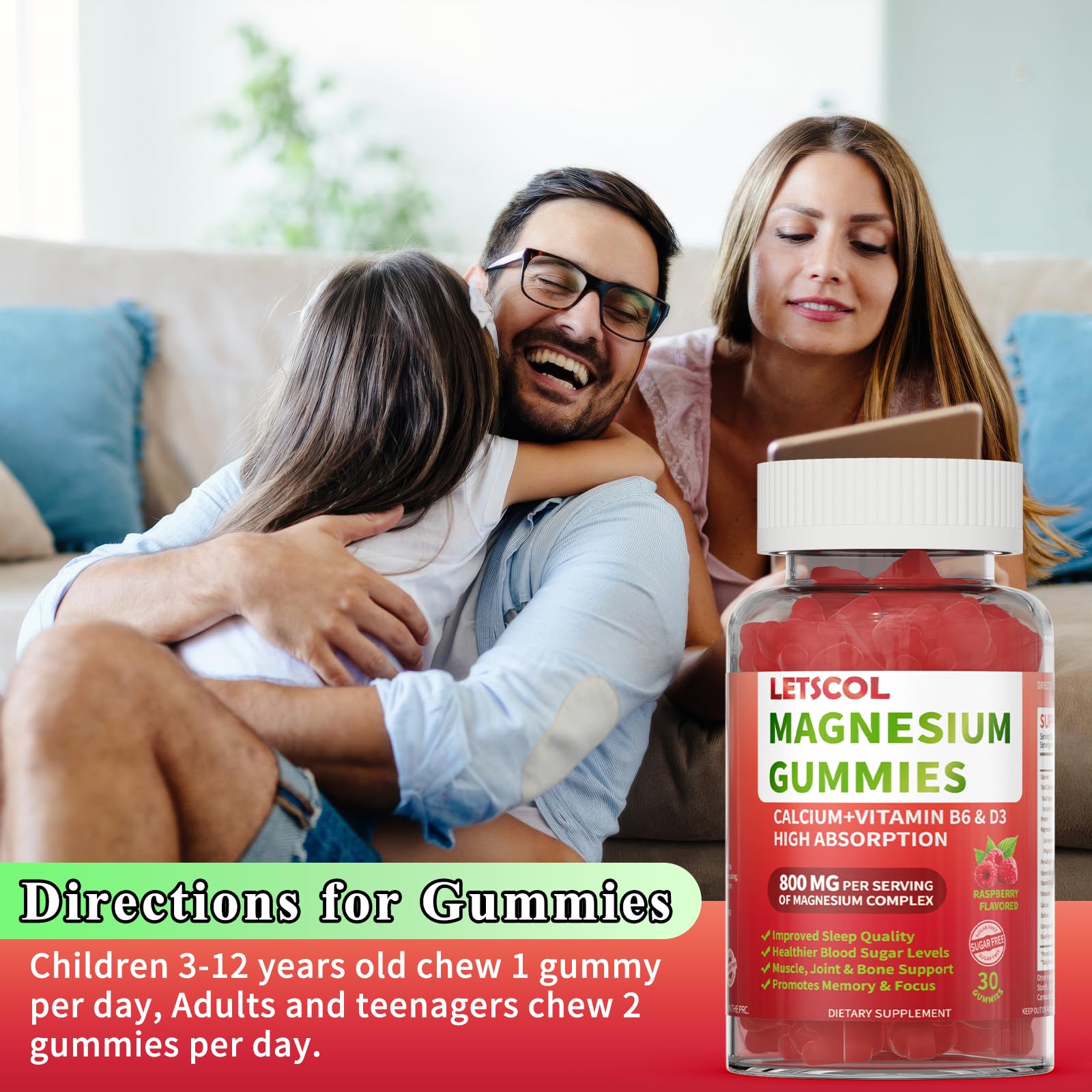 LETSCOL Magnesium Glycinate Gummies 800mg Per Serving, Sugar Free Magnesium Supplement with Magnesium Malate, Calcium, Vitamin D3, B6, CoQ10 for Calm Support & Zzz for Adults Kids LETSCOLBuy Supplements Australia