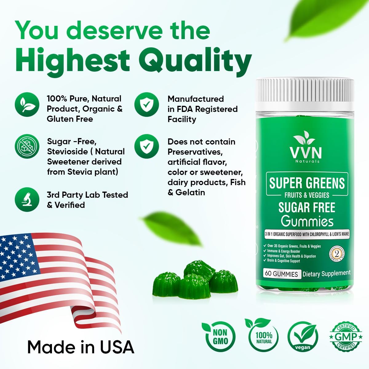 Sugar-Free Real Organic Fruits, Super Greens and Veggies Gummies | 35+ Nutritious & Healthy Greens, Fruits, and Vegetables for Improved Immunity, Skin Health & Energy Boost|60 Vegan Gummies VVN NaturalsBuy Supplements Australia
