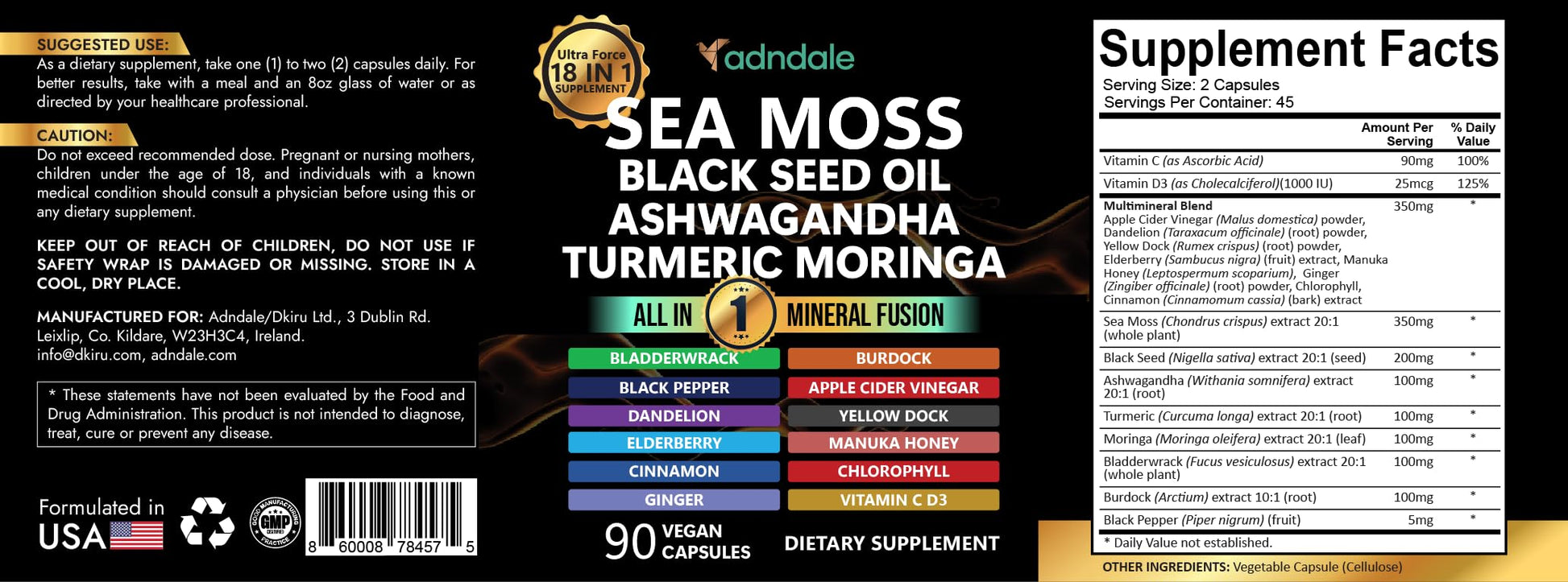 Adndale Sea Moss Capsules - Sea Moss Blend with Ashwagandha, Turmeric & Black Seed Oil - 180 Count AdndaleBuy Supplements Australia