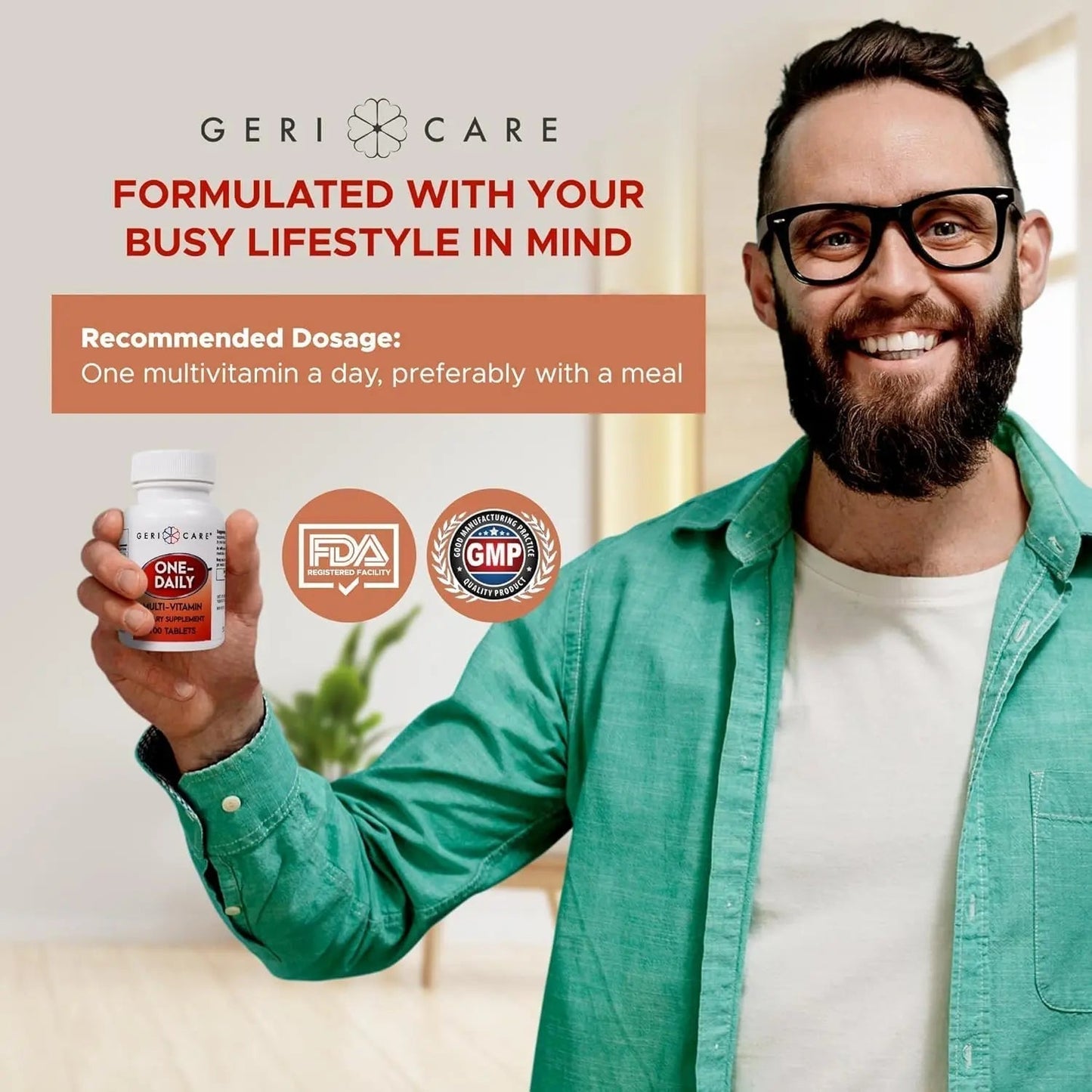 GeriCare One-Daily Multi-Vitamin Tablet, 100 Count Adult Multivitamin Supplement | Easy-to-Take Dietary Supplement with Vitamins A, C, D3, B, Calcium GeriCareBuy Supplements Australia