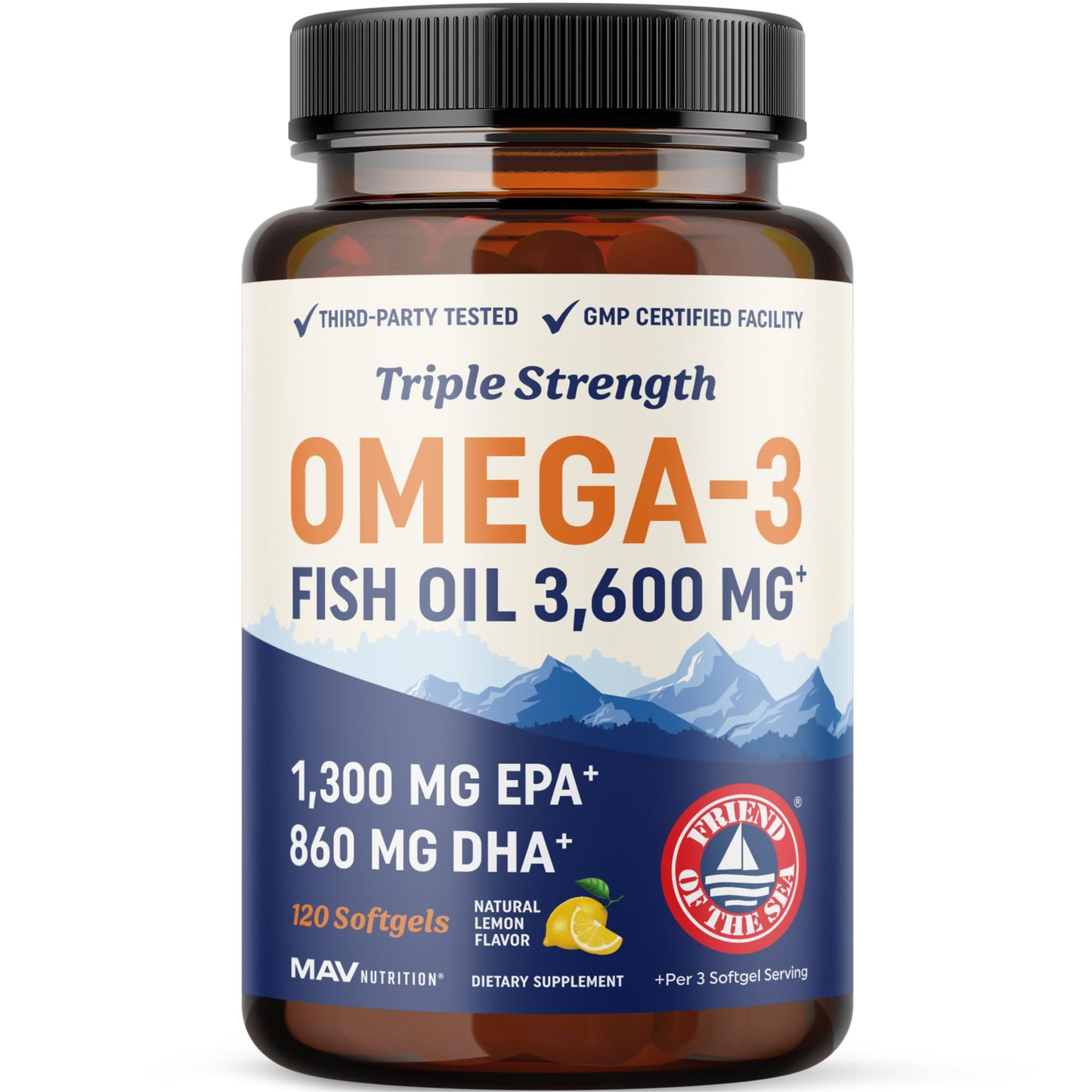 Triple Strength DHA Omega 3 Fish Oil 3600 mg | Over 2100mg Omega-3 Fatty Acids with 860mg of DHA | 1300mg EPA | Best Essential Fatty Acids