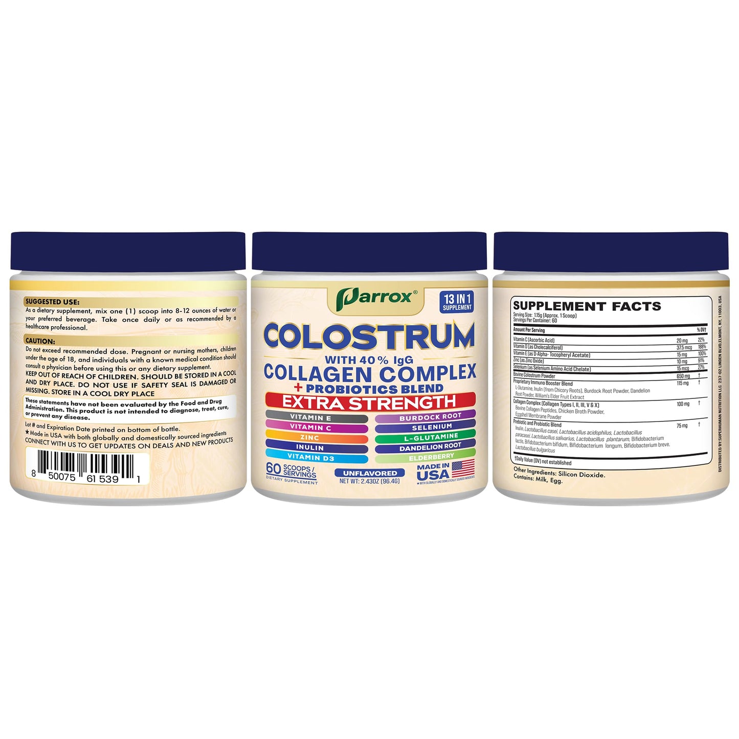 Parrox Colostrum Powder with 40% IgG, Collagen, Probiotics, Burdock Root, L-Glutamine, Elderberry, Vitamin C, Vitamin E, Vitamin D3, Inulin, Selenium, Dandelion Root, Zinc, 60 Servings (Unflavored) ParroxBuy Supplements Australia