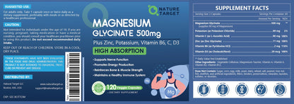 NATURE TARGET Magnesium Glycinate 500mg, Chelated Magnesium with Zinc & Vitamin D3 for Muscle, Nerve & Bone, Support Heart Health & Leg Cramp, Strength Immune System - 120 Capsules NATURE TARGETBuy Supplements Australia