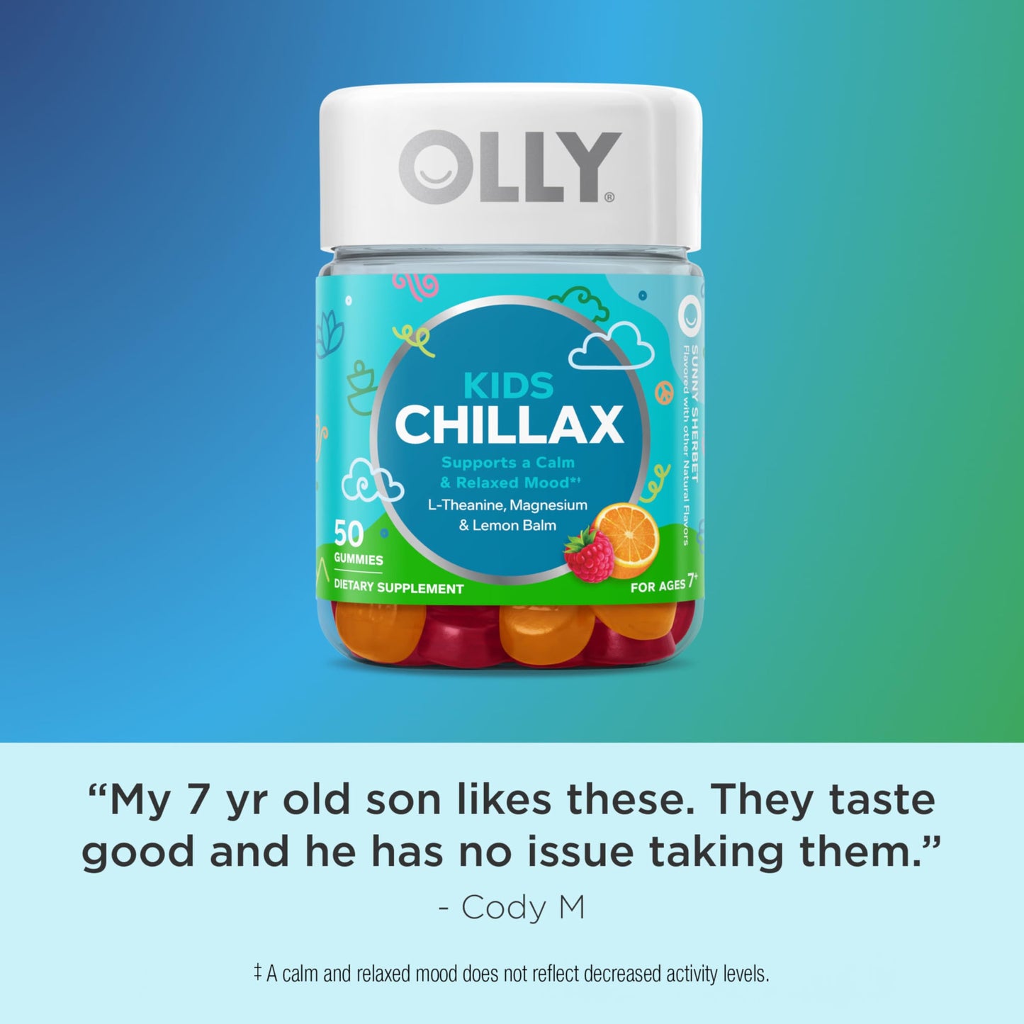 OLLY Kids Chillax Gummy, For a Calm and Relaxed Mood*, Magnesium, L-Theanine, Lemon Balm Extract, Chewable Supplement, Sherbet Flavored, 25 Day Supply - 50 Count (Packaging May Vary) OLLYBuy Supplements Australia