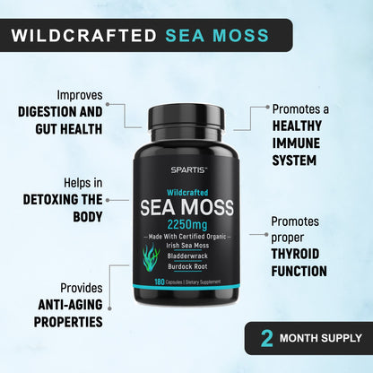 SPARTIS Certified Organic Sea Moss Capsules 2250mg Wildcrafted Irish Sea Moss Burdock Root Bladderwrack Supplement Raw Seamoss Pills & Powder (Pack of 1 at 180-Caps) SPARTISBuy Supplements Australia