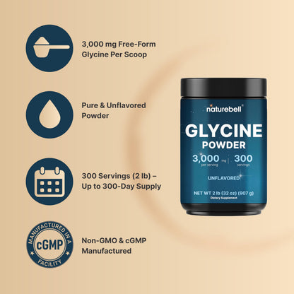 Glycine Powder, 300 Servings (2 lb) – 3,000 mg Free-Form Glycine Per Serving – Unflavored Pure Powder – Non-GMO, cGMP Manufactured NatureBellBuy Supplements Australia