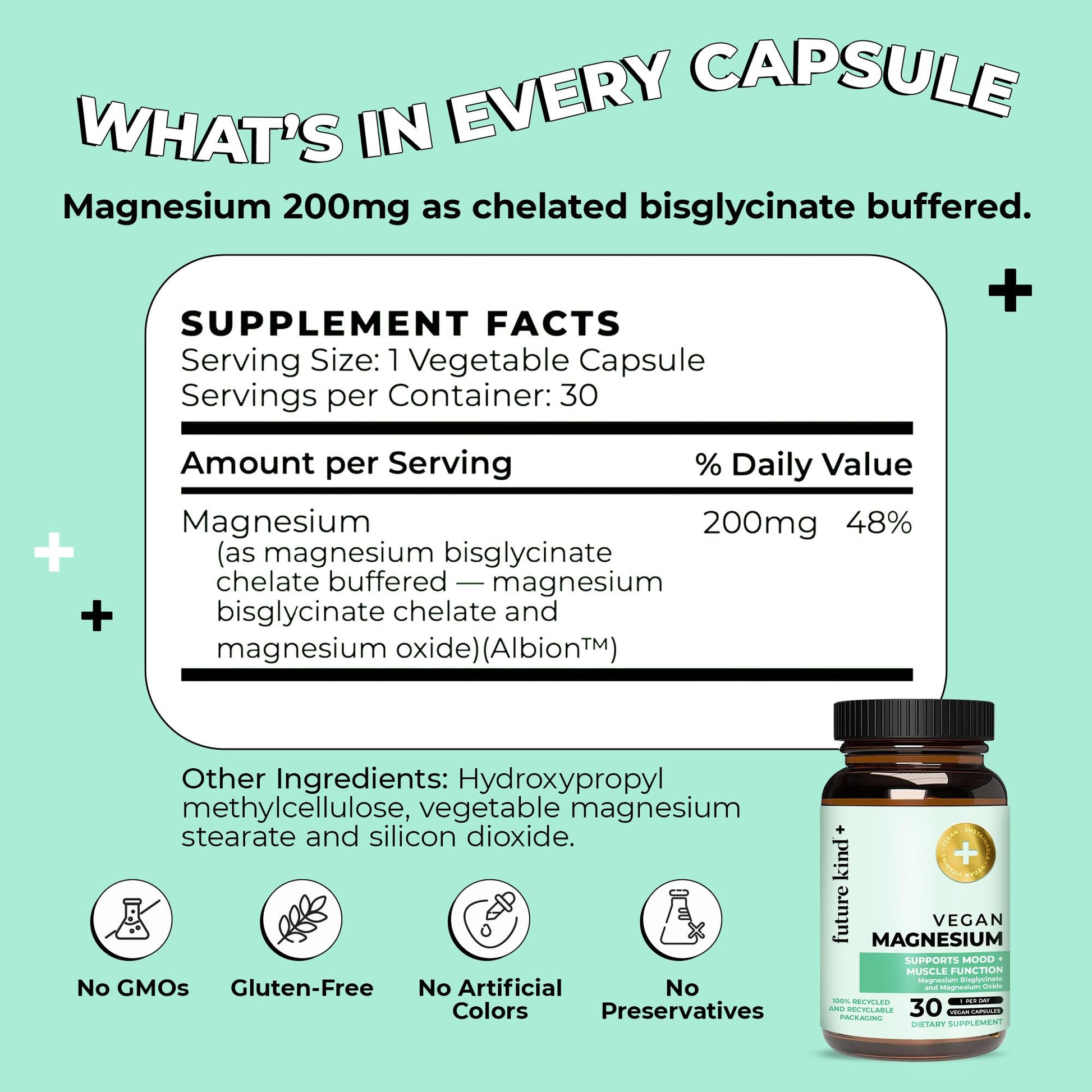 Future Kind Magnesium Glycinate, Supports Muscle and Nerve Function, High Absorption Chelated Magnesium Supplement, Nightly Calm, Energy & Metabolism, Highly Bioavailable & Potent - 30 Vegan Capsules Future KindBuy Supplements Australia