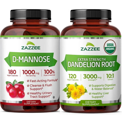 Zazzee Urinary Tract Cleanse & Detox Bundle | USDA Organic Dandelion Root Extract Capsules Plus D-Mannose 1000mg Capsules for UT & Bladder Cleansing ZazzeeBuy Supplements Australia