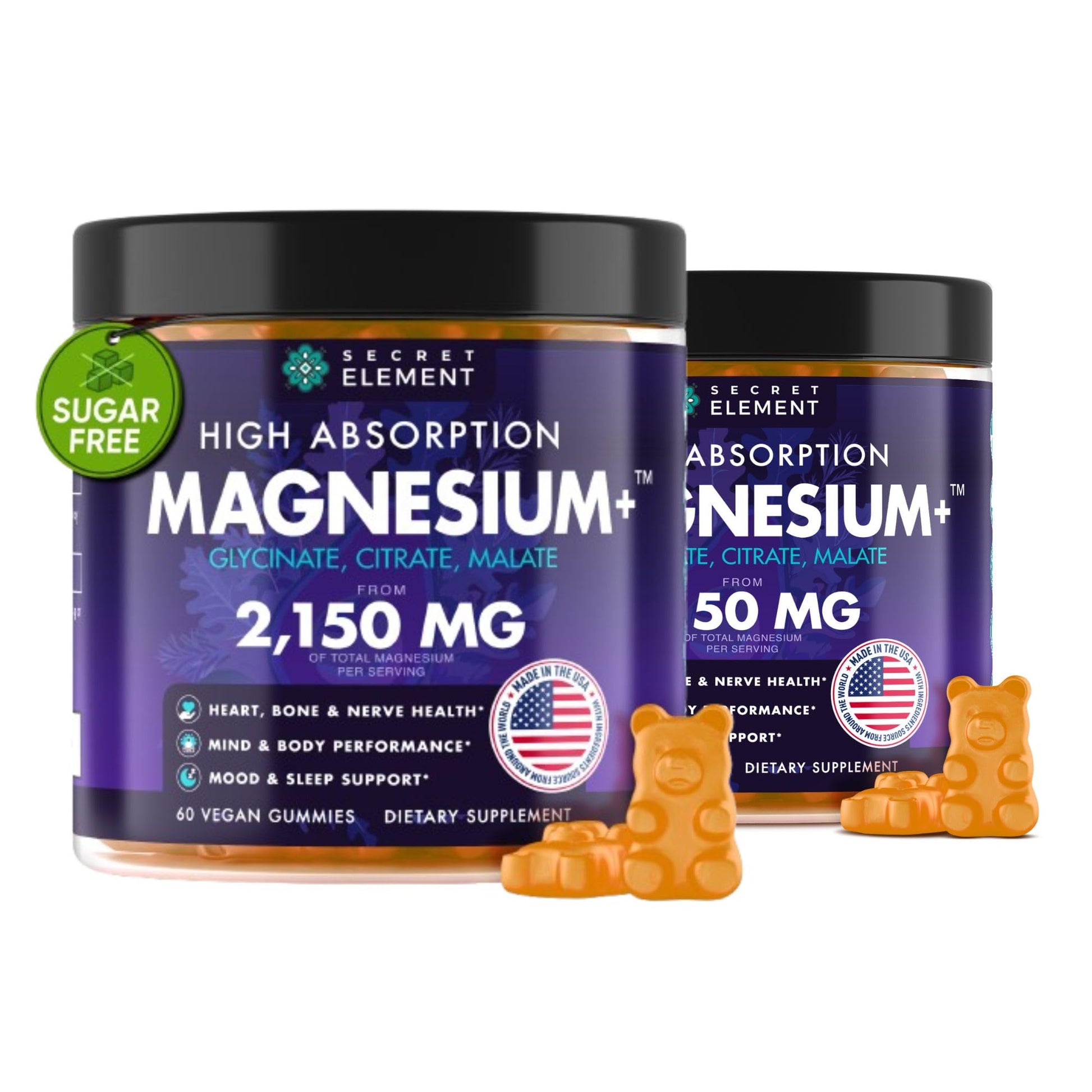 Magnesium Glycinate 2150MG Gummies for Women and Men, High Absorption Magnesium Glycinate, Citrate, Malate, Sugar Free, Vegan, 60 Chews, Pack of 2, Orange Secret ElementBuy Supplements Australia