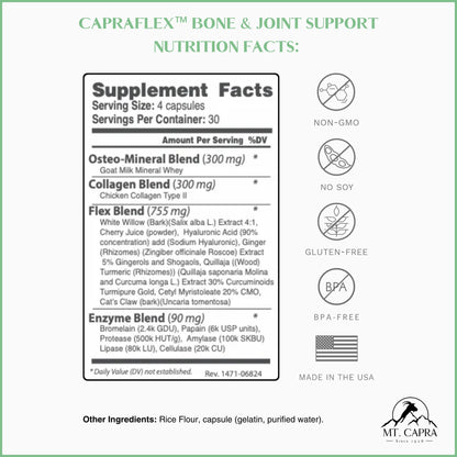 CapraFlex by Mt. Capra | Bone and Joint Support Supplement with Chicken Collagen, Hyaluronic Acid, Turmeric, and Herbs for Joint Vitality | 30 Servings - 120 Capsules Mt CapraBuy Supplements Australia