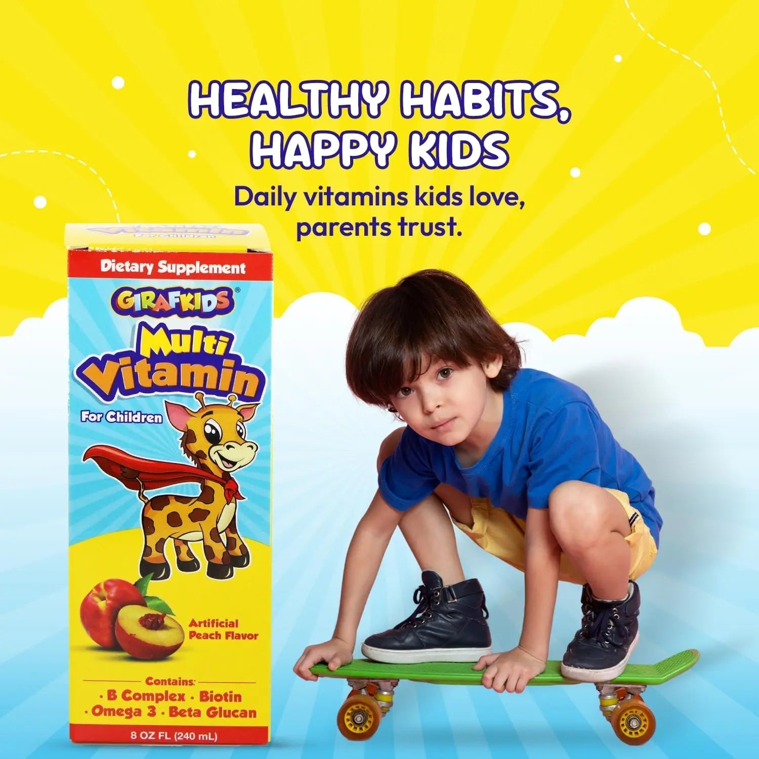 GirafKids Liquid Multivitamin for Kids Ages 4+, 8oz - Daily Child Vitamins with Biotin, Vitamin A, B Complex, Folic Acid, Omega-3 & Beta Glucan PHARMADEL