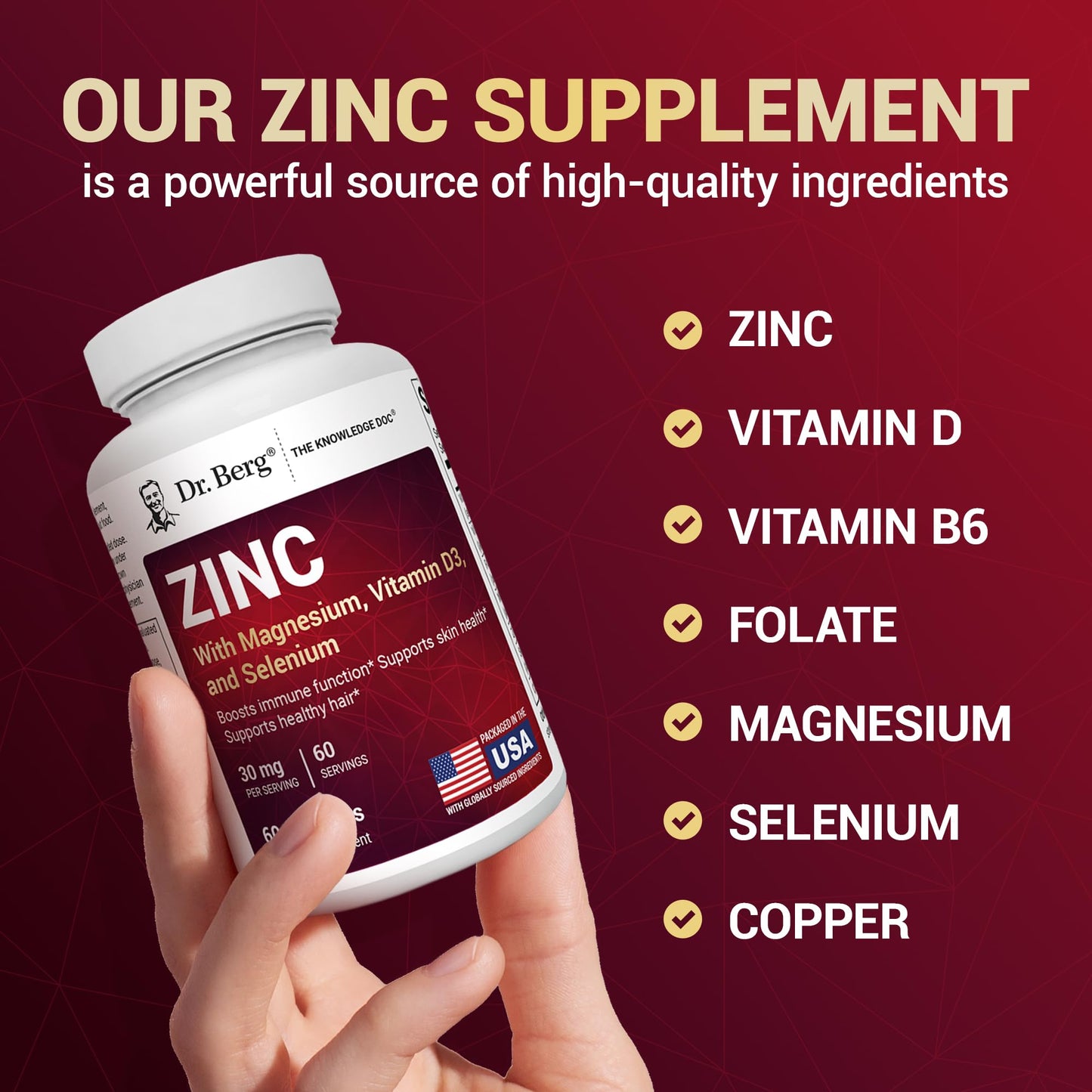 Dr. Berg Zinc 30mg Enhanced with Magnesium, Vitamin D3, Selenium, & Copper - Zinc Supplements for Men & Women - Chelated Zinc for Immune, Skin