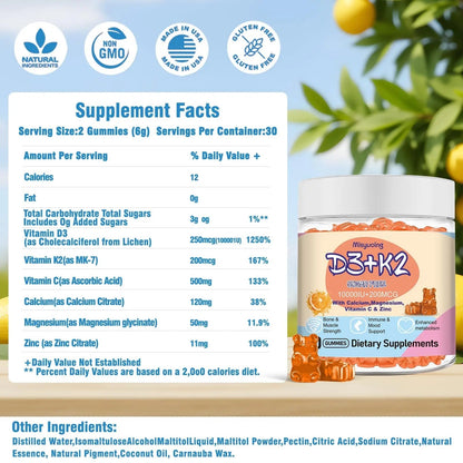 Misyvoing Vitamin D3 K2 Sugar-Free Gummies,Vitamin D3 10000 IU with K2 200mcg,VitaminC,Calcium,Magnesium,Zinc,Support for Bones Misyvoing
