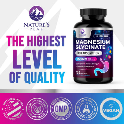 Magnesium Glycinate Supplement 250mg - 100% Chelated & Purified - to Support Sleep, Heart Health, Muscles, & Bone Strength - Best Absorption Magnesium Glycinate Capsules, Bottled in USA - 120 Tablets Nature's PeakBuy Supplements Australia