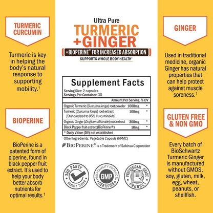 Organic Turmeric Curcumin and Ginger - 95% Standardized Curcuminoids with BioPerine BioSchwartzBuy Supplements Australia