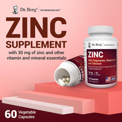 Dr. Berg Zinc 30mg Enhanced with Magnesium, Vitamin D3, Selenium, & Copper - Zinc Supplements for Men & Women - Chelated Zinc for Immune, Skin