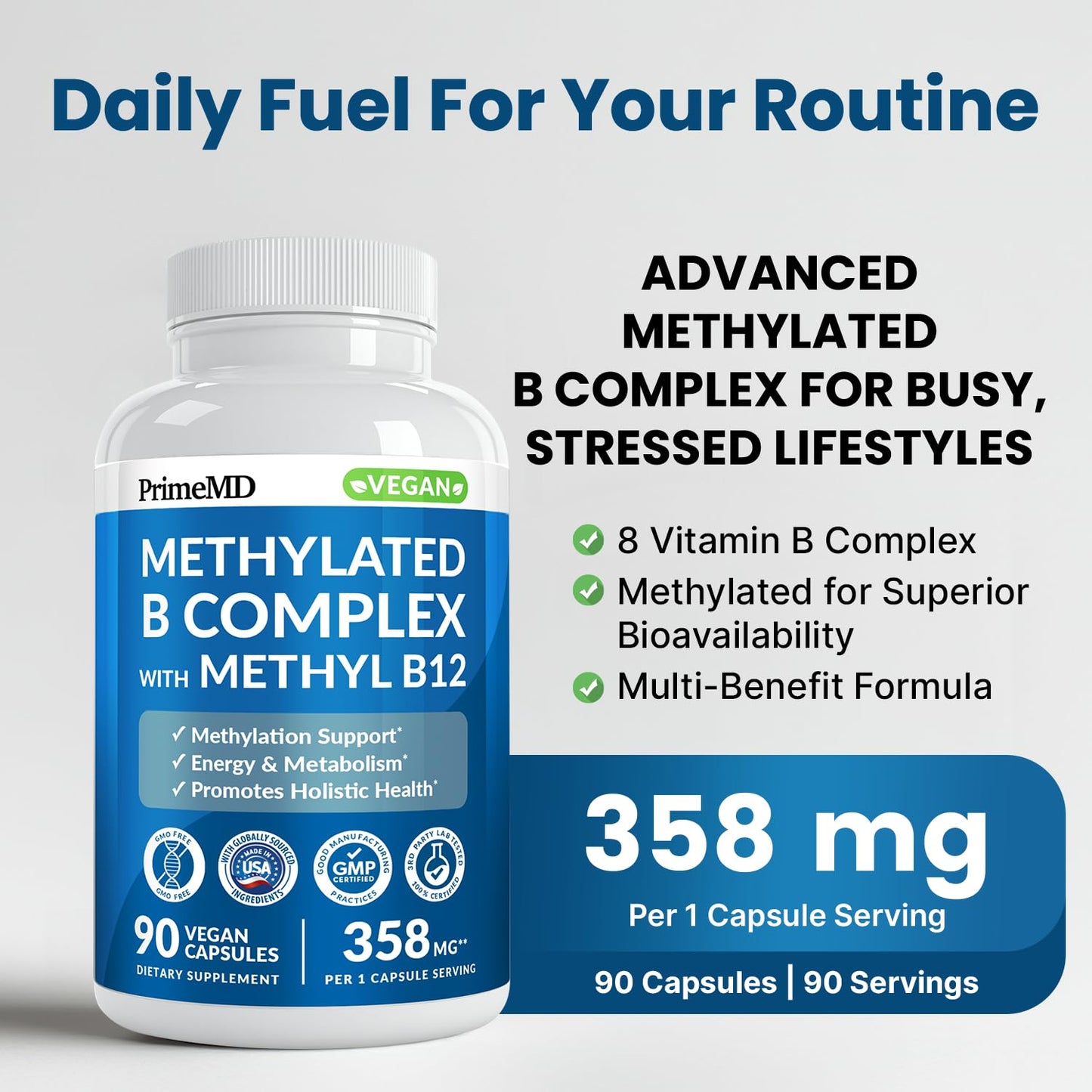Methylated B Complex with Methylfolate and B12 Methylcobalamin 1000 mcg - Methylated Multivitamin for Energy, Brain Function, and Wellness - Vitamin B Complex for Men & Women