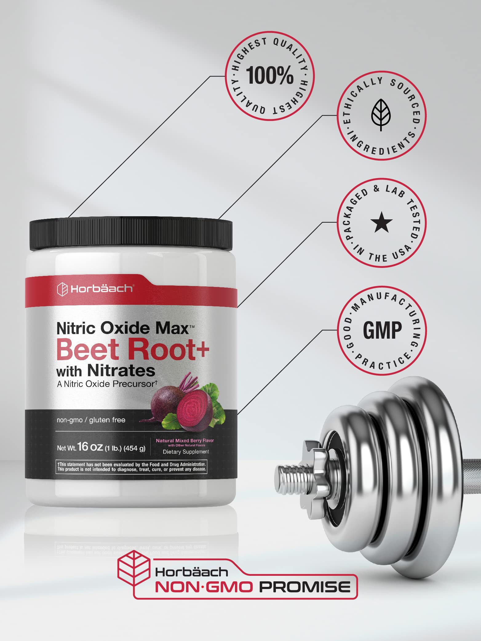 Nitric Oxide Beet Root Powder | 16 oz (454g) | Natural Mixed Berry Flavor | with Nitrates HorbäachBuy Supplements Australia
