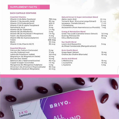 Briyosis All Around Women - 38 nutrients (Essential Vitamins, Minerals, Natural extracts, Amino acids, Primrose Oil) - 90 Capsules Briyosis