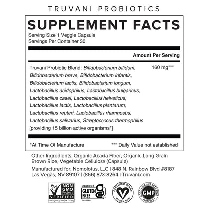 Truvani Probiotic Supplement | 30 Servings | 15 Billion CFU | 15 Diverse Strains for Digestive, Immune & Brain Health Support | Shelf-Stable Vegan Capsules | Non-GMO, No Fillers TruvaniBuy Supplements Australia
