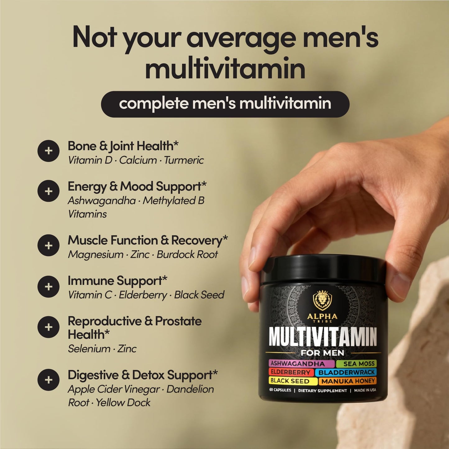 Alpha Tribe Multivitamin for Men & Organizer w/Seamoss Black Seed Oil Ashwagandha Burdock Root Turmeric Bladderwrack Vitamin C | Daily Men's Vitamins & Minerals Supplement | 60 Count Alpha TribeBuy Supplements Australia