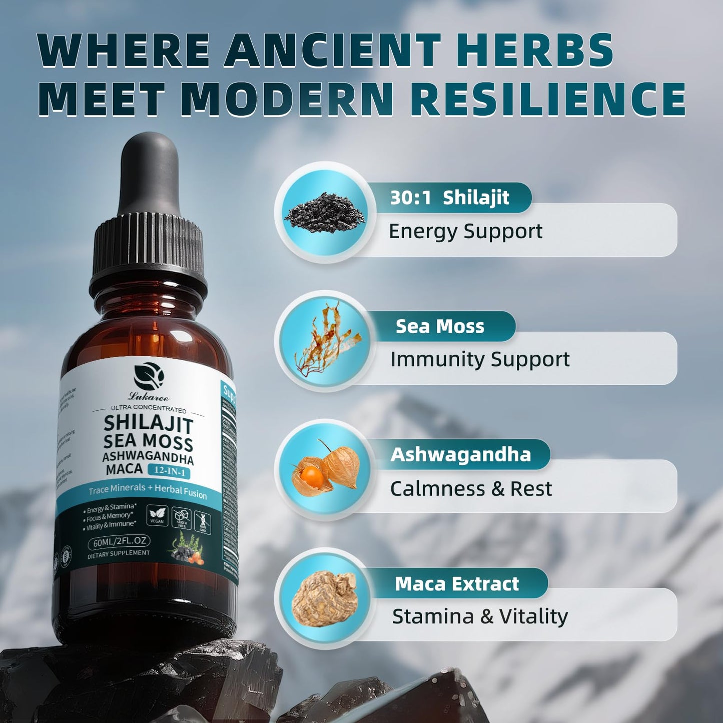 Shilajit Liquid Drops, 12-in-1 Complex - Sea Moss, Ashwagandha, Maca, Fulvic Acid, Trace Minerals, Liquid Vitamins Supplement for Men and Women, Energy, Antioxidant, Immune Support, 60ML/2 FL Oz LukareeBuy Supplements Australia