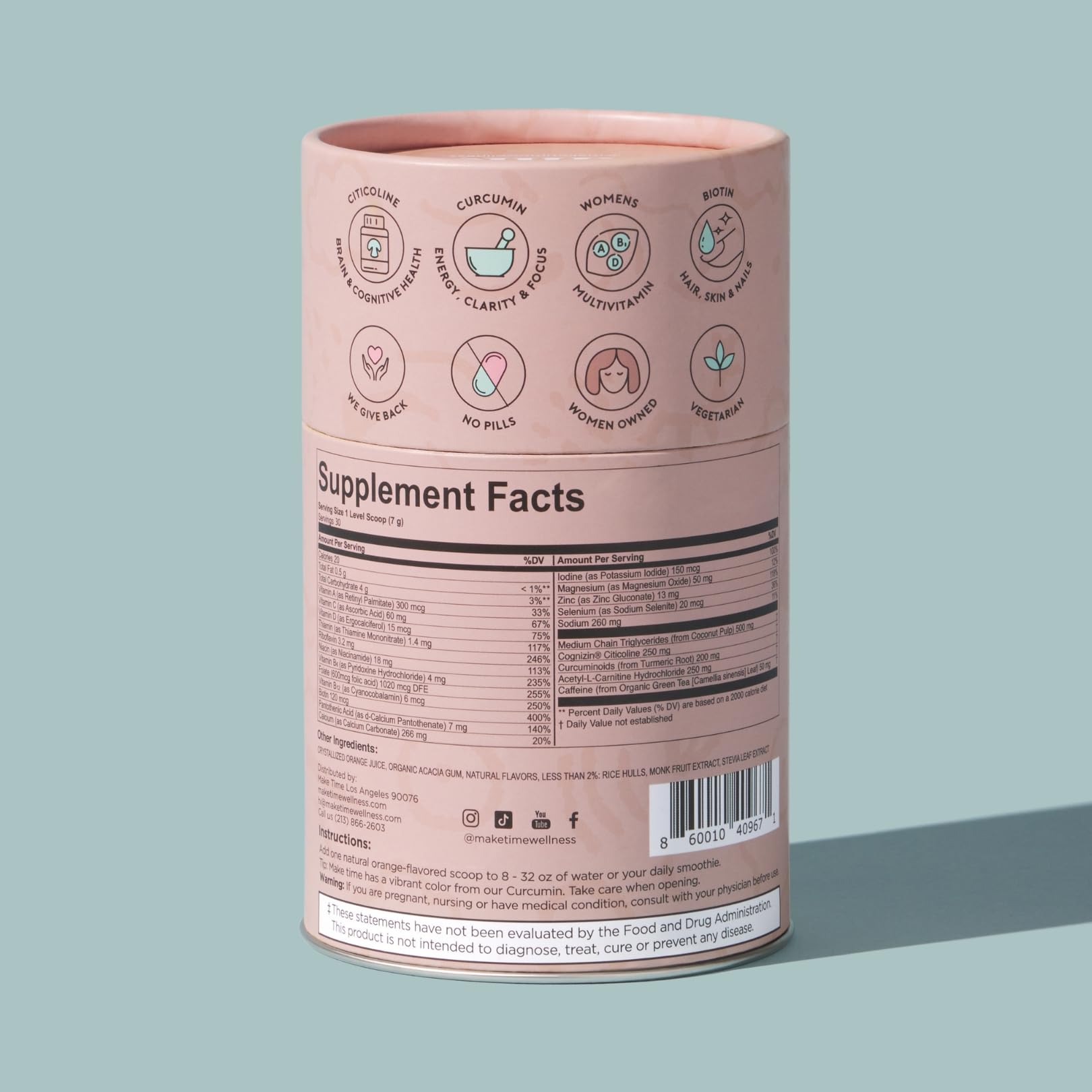 MAKE TIME Brain Health Powder Supplement for Women for Mood, Focus & Energy Boost | Cognizin, Biotin, Vitamin B6, B12, MCTs, Acetyl-L-carnitine, and Curcumin 7.4 oz (30 Servings) MAKE TIMEBuy Supplements Australia