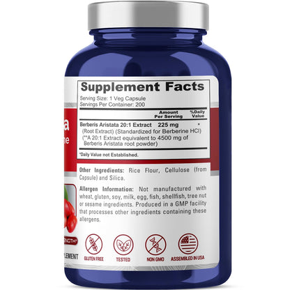 NusaPure Berberine HCI 4500 mg - 200 Veggie Caps - 6 Months Supply - (100% Vegetarian NusaPureBuy Supplements Australia