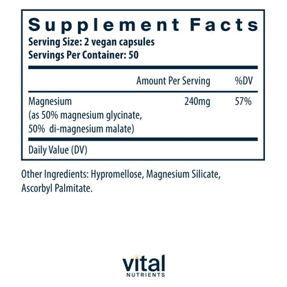 Vital Nutrients Magnesium Glycinate + Malate - 120mg Vegan Magnesium Supplement for Women and Men - Muscle, Heart, Bone Support* - Promotes Relaxation