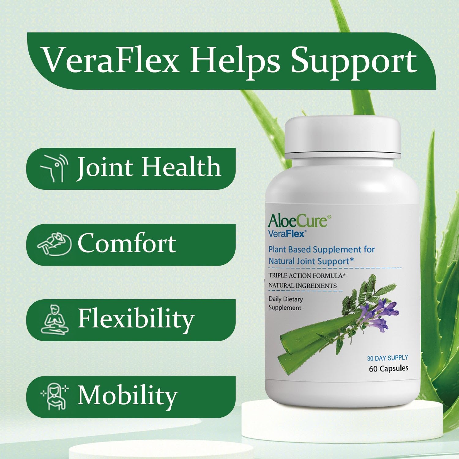 AloeCure VeraFlex Natural Joint Health, 60 Capsules, Clinically Tested Natural Plant-Based Formula to Support Comfort, Mobility and Flexibility - Featuring Organic Aloe Vera AloeCureBuy Supplements Australia