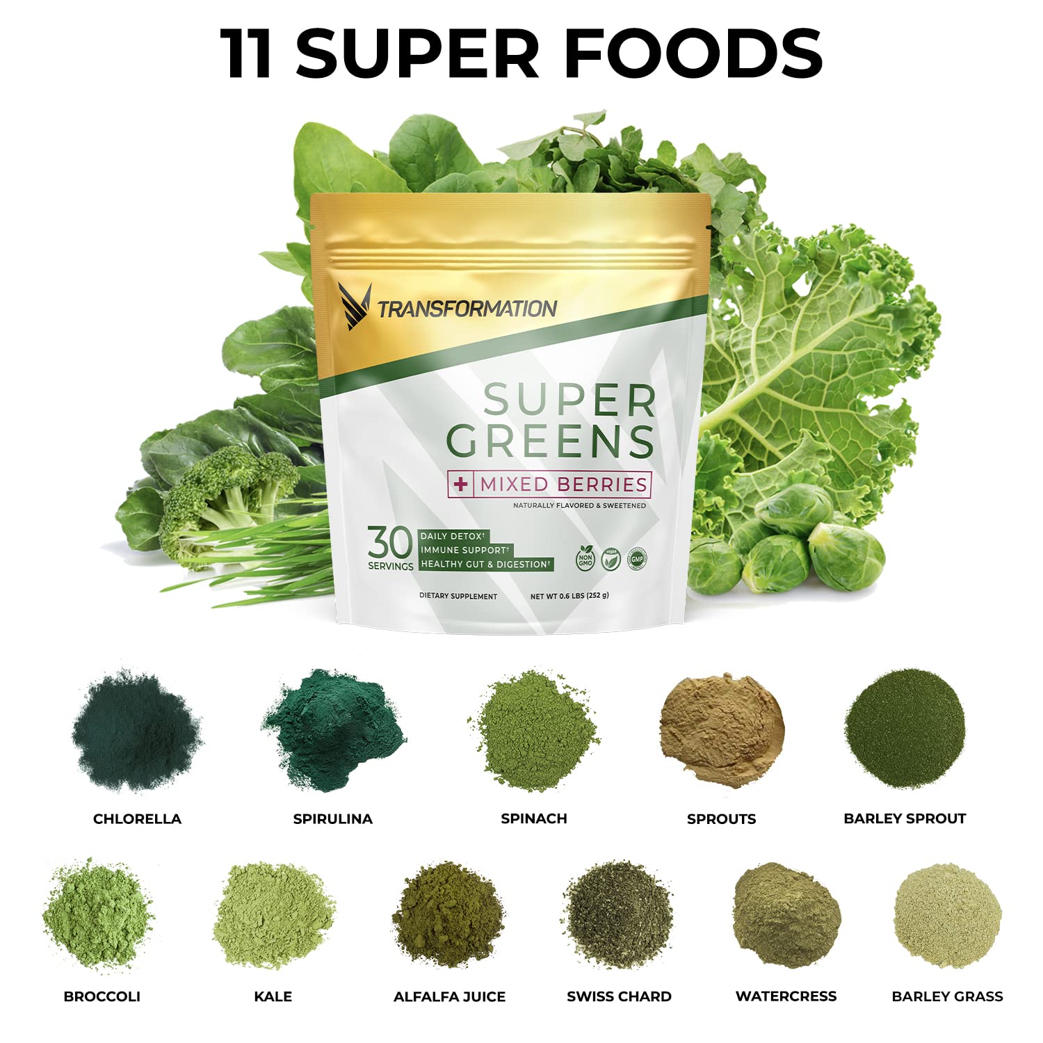Transformation Super Greens Superfood Green Juice Powder - Immune & Energy Support | Natural Ingredients | Detoxifying & Alkalizing Minerals - Spirulina, Chlorella, Wheatgrass, Spinach, Alfalfa SPR BODYBuy Supplements Australia