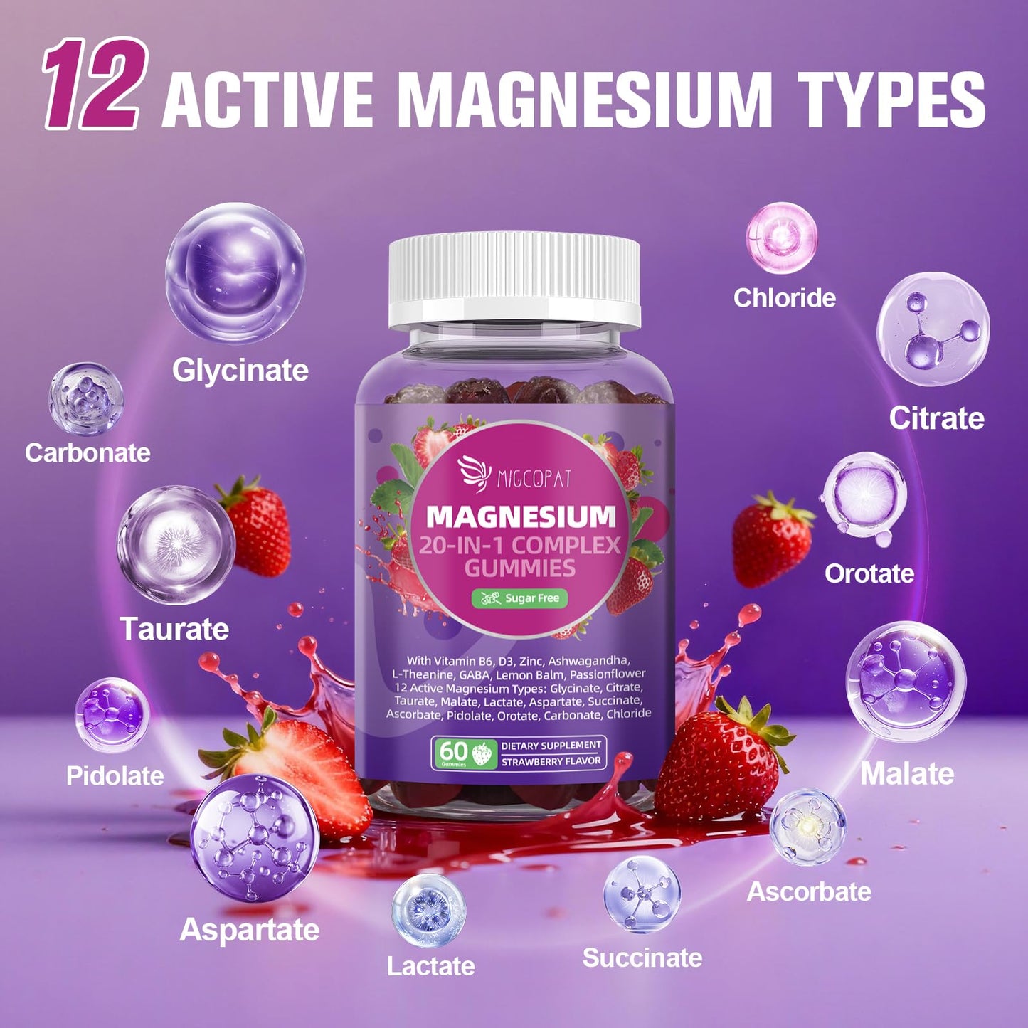 Migcopat Magnesium Complex Gummies, 20 in 1 Magnesium Gummy with Glycinate Citrate Malate Taurate - Ashwagandha, L-Theanine, D3&Zinc for Relaxation,