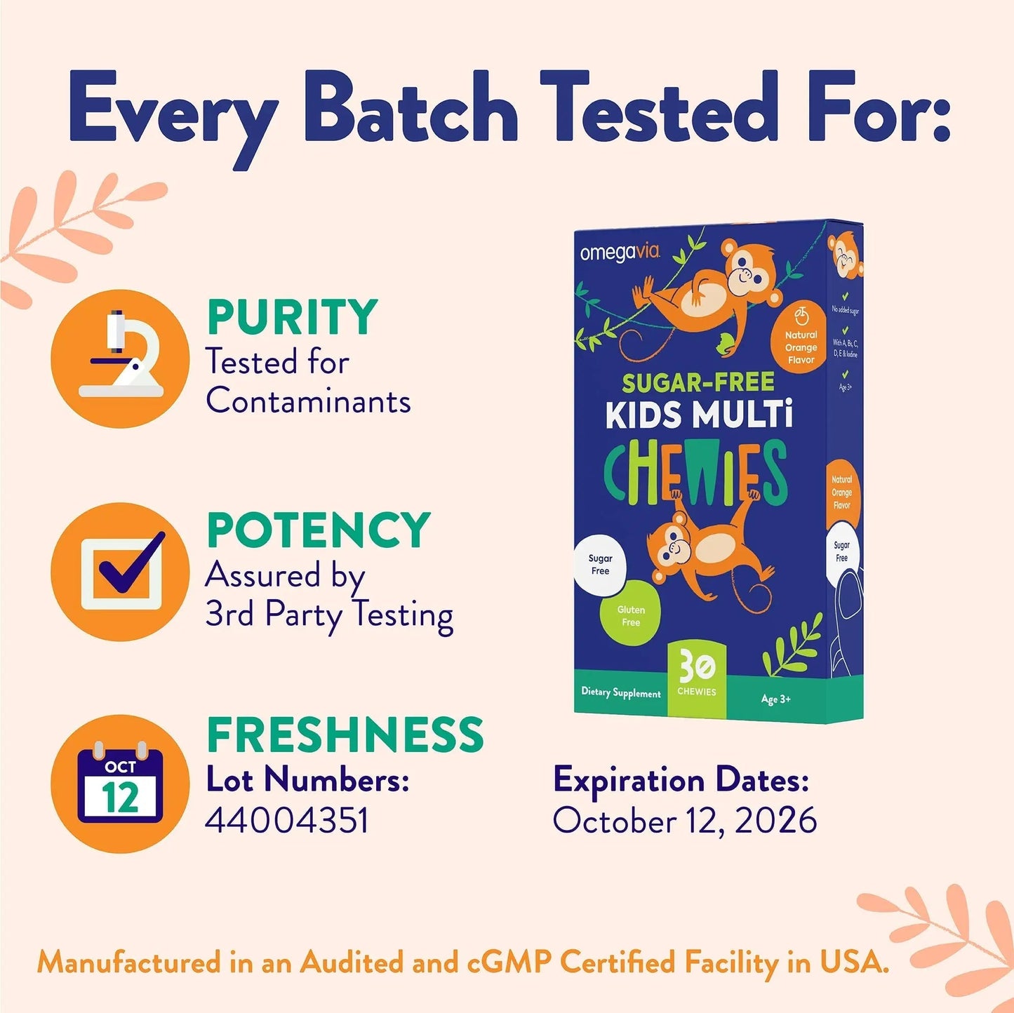 OmegaVia Sugar Free Kids Multivitamin Chewies - Daily Chewable Gummy Vitamins for Kids 3+ OmegaVia
