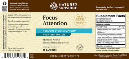 Nature's Sunshine Focus Attention, 90 Capsules, Provides Nutrients That Help Maintain Normal Brain-Stimulation Levels While Supporting Blood Circulation and Neurotransmitter Levels in The Brain Nature's SunshineBuy Supplements Australia