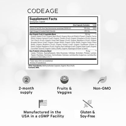 Codeage Raw Vitamin D3+ High Potency 5000 IU Supplement from Saccharomyces Cerevisiae - Raw Vitamin, Probiotics, Digestive Enzymes, Fruits & Greens - 2-Month Supply - 60 Capsules CodeageBuy Supplements Australia